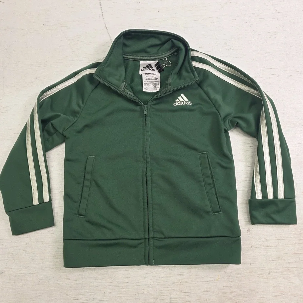 Adidas Forest Green 3 Stripe Cream Zip-Up Track Jacket Toddlers Kids Sz 3T EUC